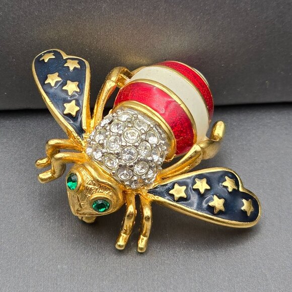 Joan Rivers Jewelry - Joan Rivers Patriotic Bee Brooch 1.5" Red White Blue Rhinestones Gold Plated